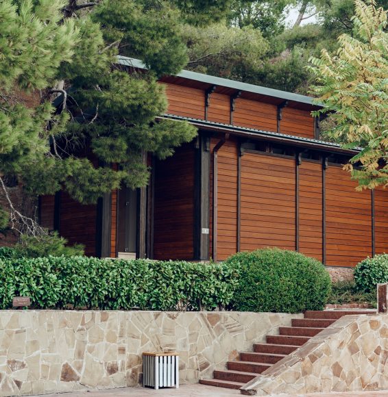 Little wooden house with entrance surrounded with trees and bushes